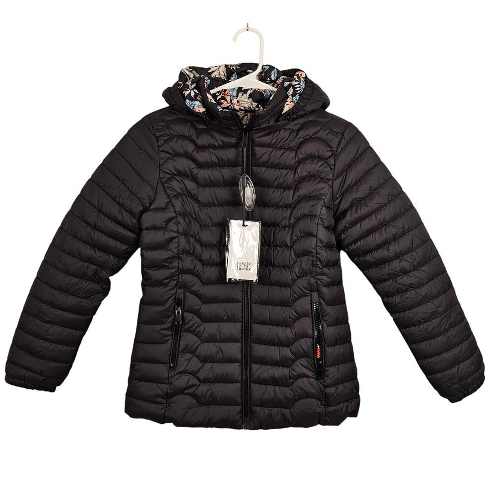Girls Puffer Jacket Hooded Reversible‎ Floral Black Size 10 Removable Hood New